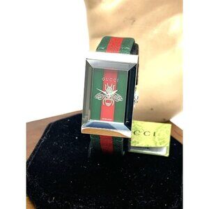Gucci Women's Watch YA147408 G-Frame Green Red Dial Swiss Quartz Tank Nylon Band